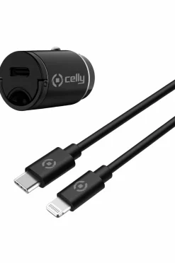 Celly Biloplader Mini USB-C PD 20W + USB-C til Lightning-kabel^ Mobiltelefoner, Tablets & Tilbehør
