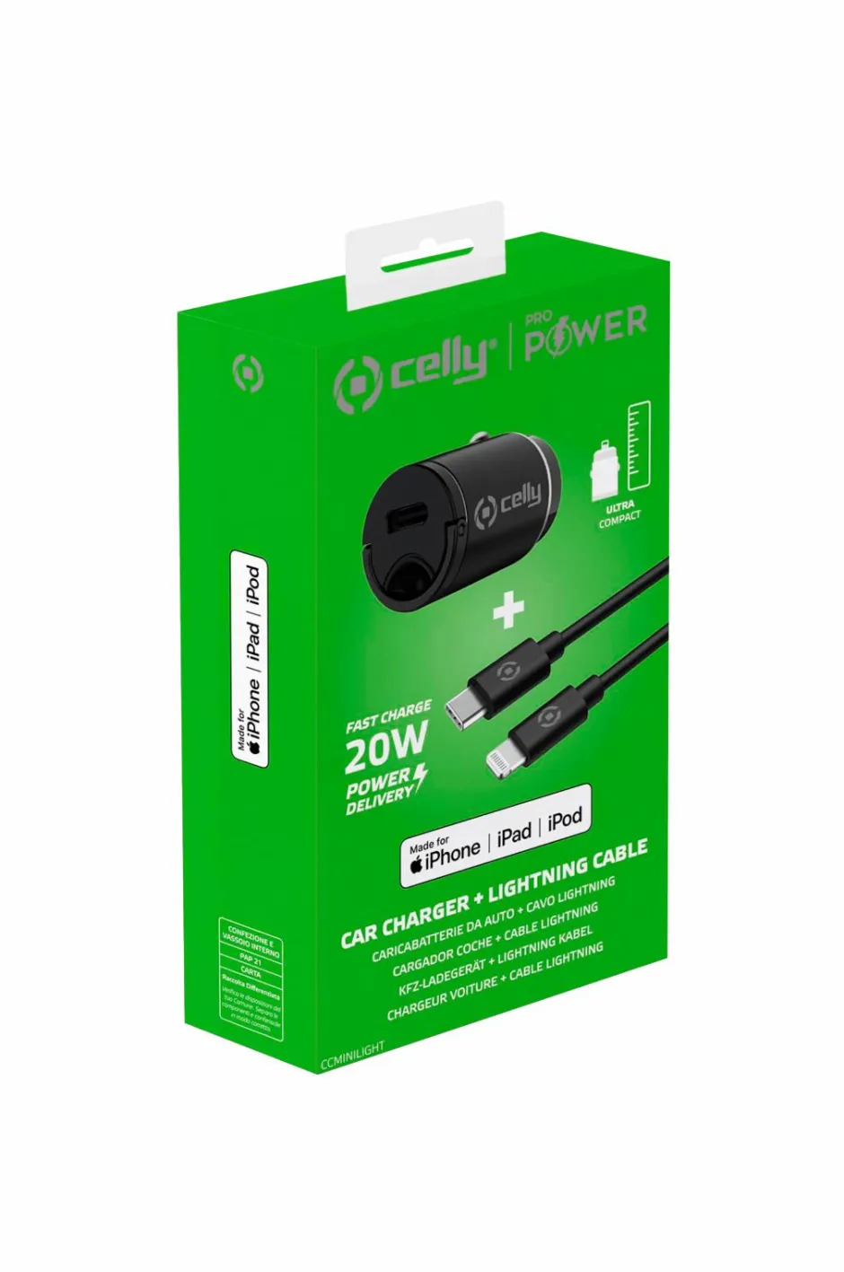 Celly Biloplader Mini USB-C PD 20W + USB-C til Lightning-kabel^ Mobiltelefoner, Tablets & Tilbehør
