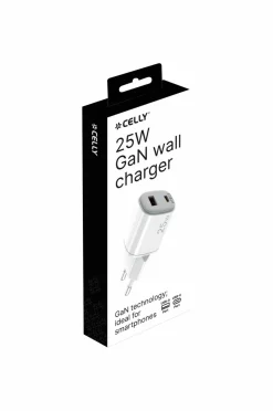 Celly Usb-oplader Gan 1 x Usb-a + 1 x Usb-c PD 25w^ Mobiltelefoner, Tablets & Tilbehør