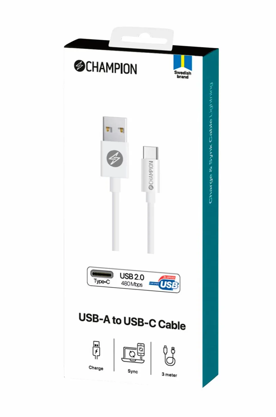 Champion Nordic USB-A til USB-C-kabel 3 m^ Mobiltelefoner, Tablets & Tilbehør