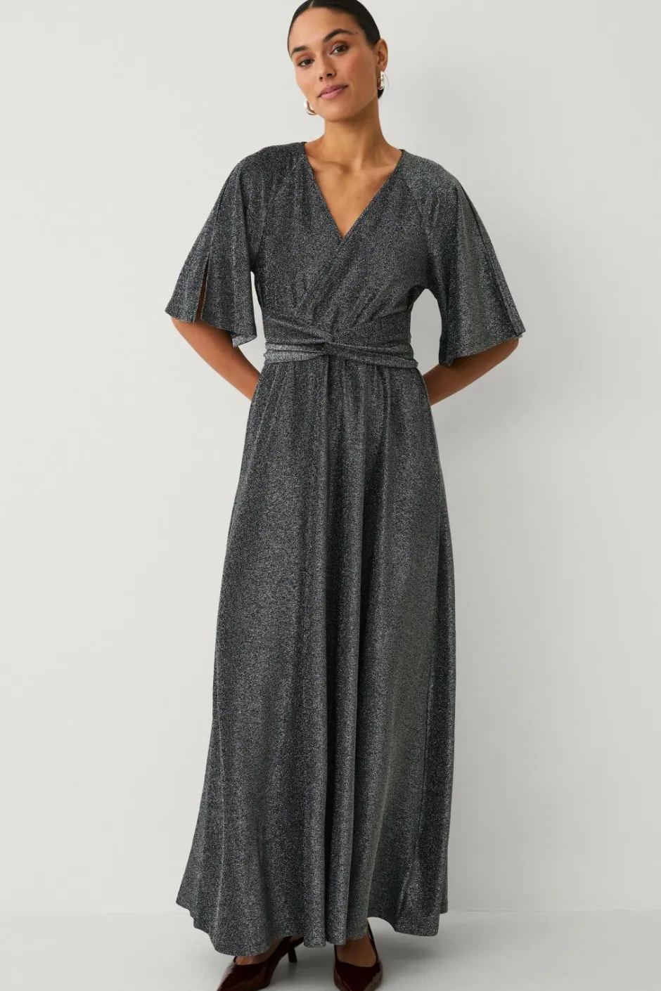 New Collection Maxi kjole i lurex med bindebælte Dame Kjoler