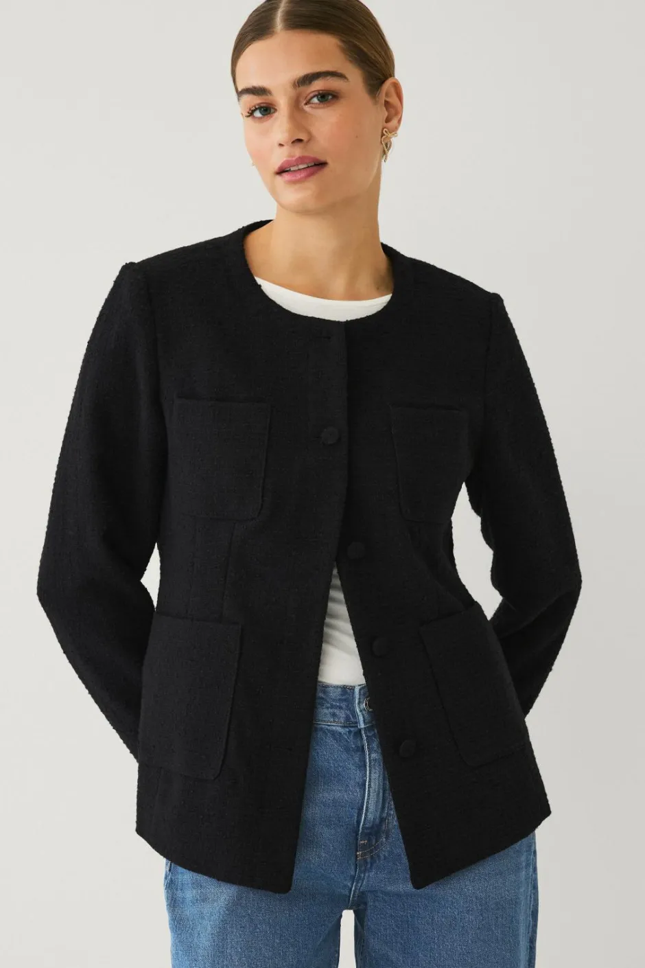 Clearance Collection Tæt på figuren blazer i struktur med påklædte knapper Dame Blazere & Veste
