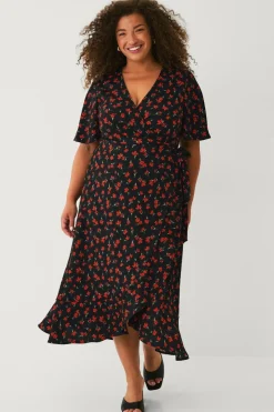 Plus collection Slå-om kjole med flæser Dame Kjoler