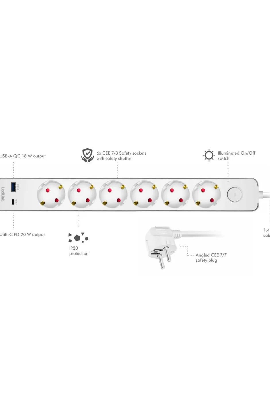 Hot Forlængerledning 6-vejs + USB-A/USB-C Lampetilbehør