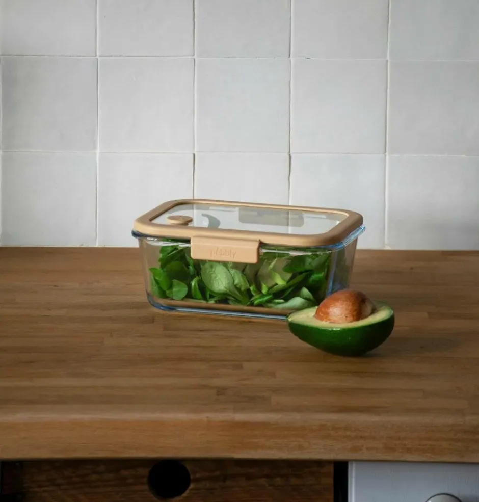 Pebbly Rektangulær glasdåse med glaslåg og vakuumhætte - 1200 ml^ Køkkenopbevaring