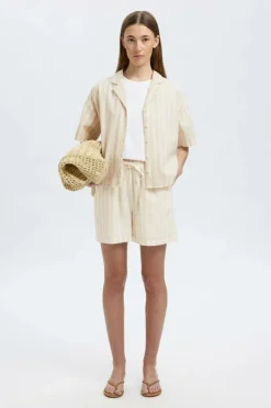 Selected FEMME Hørshorts slfLuisa MW Linen Blend Striped^Dame Shorts